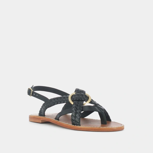 Sandales plates tressées en cuir noir | WOOD | Jonak