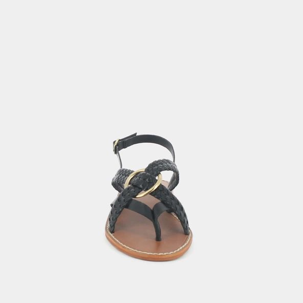Sandales plates tressées en cuir noir | WOOD | Jonak