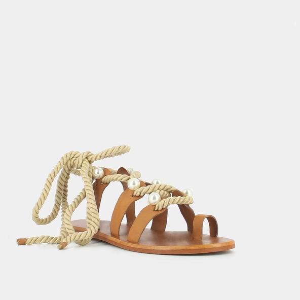 Sandales à brides, perles et lanières tressées en cuir camel | WAFFLE | Jonak