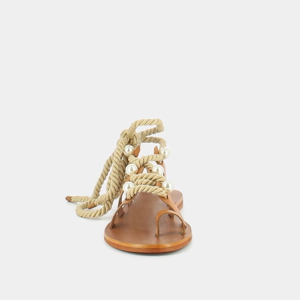 Sandales à brides, perles et lanières tressées en cuir camel | WAFFLE | Jonak