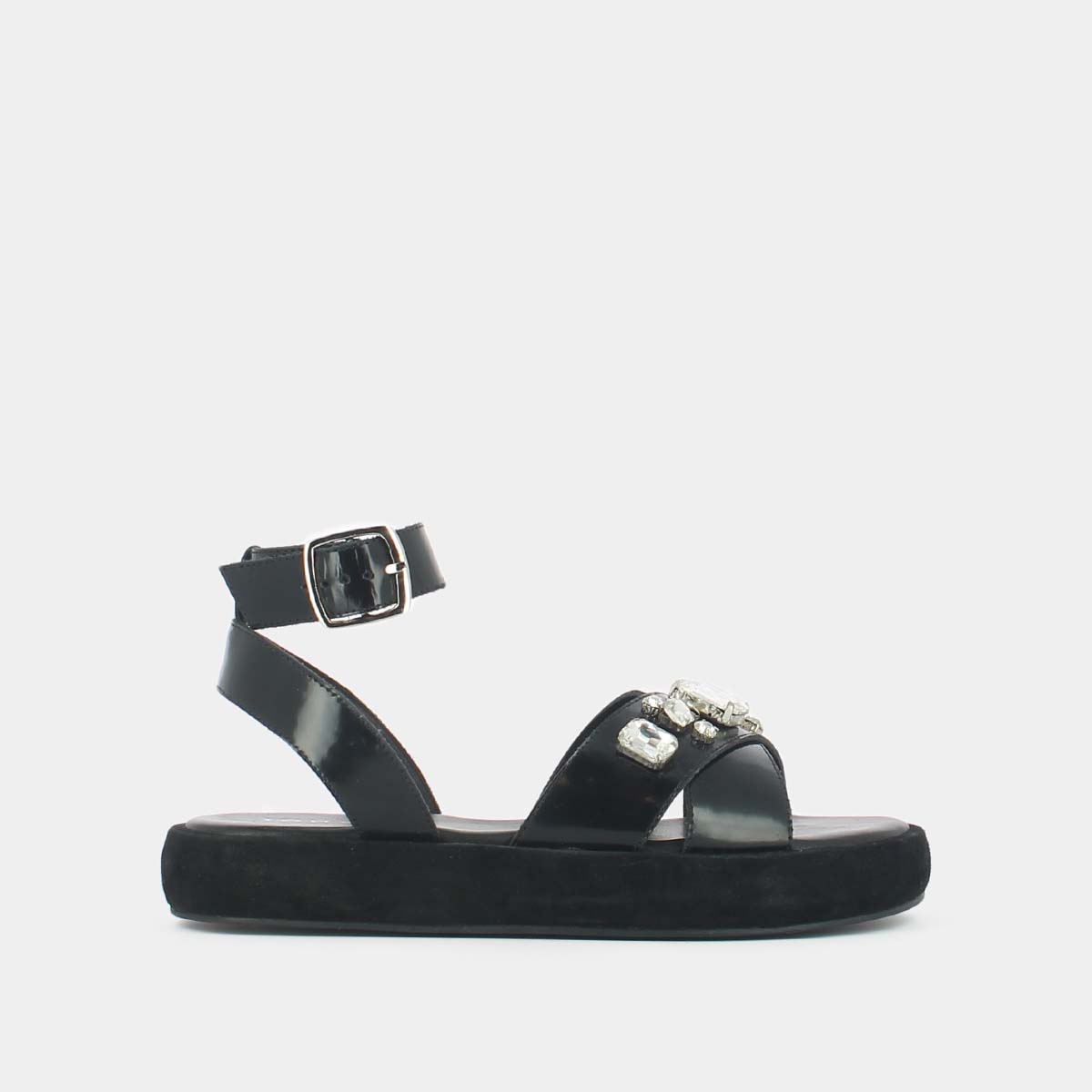 Sandales à brides croisées et strass en cuir glacé noir | WORLD | Jonak