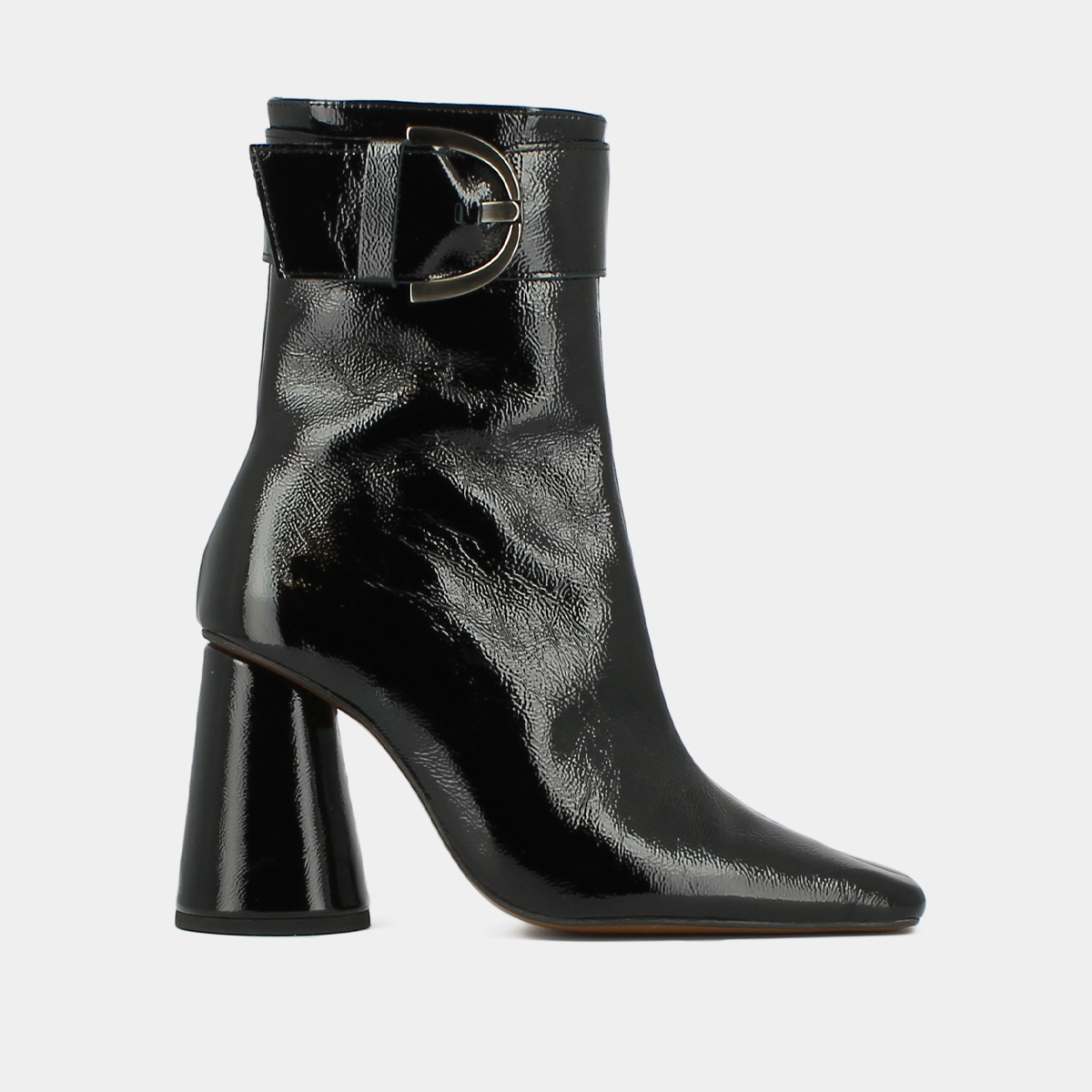 Bottines à talons hauts et boucles en cuir verni plissé noir | BANDOL | Jonak