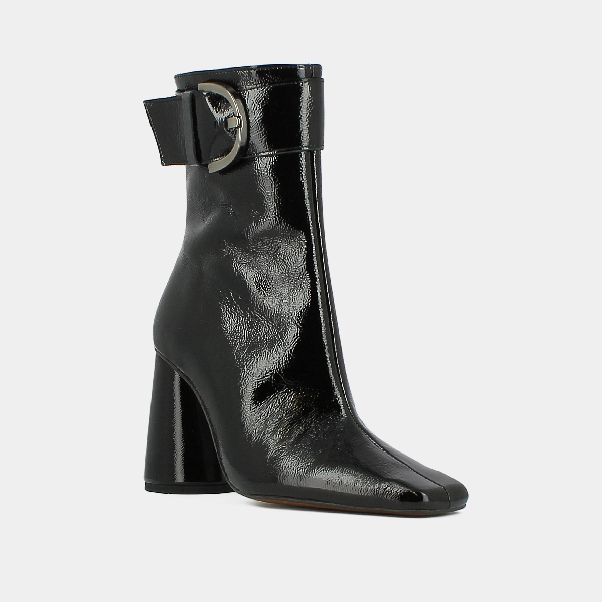 Bottines à talons hauts et boucles en cuir verni plissé noir | BANDOL | Jonak