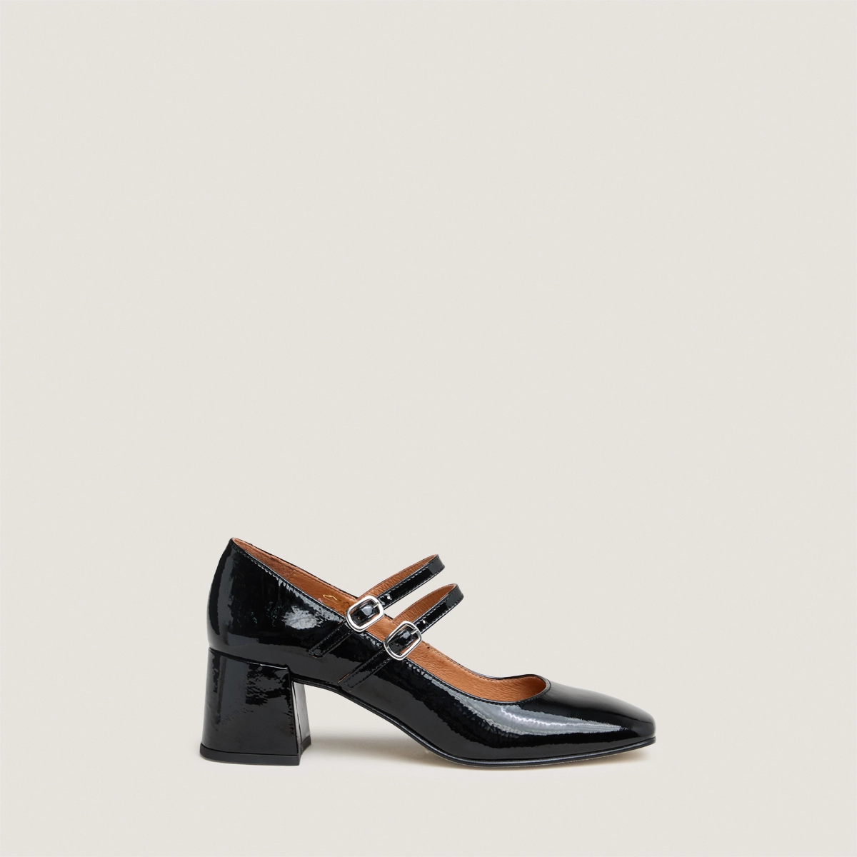 Babies &agrave; talons moyens et brides &agrave; boucles en vernis pliss&eacute; noir | ALIENAR | Jonak
