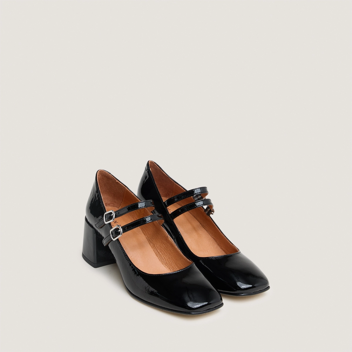 Babies &agrave; talons moyens et brides &agrave; boucles en vernis pliss&eacute; noir | ALIENAR | Jonak