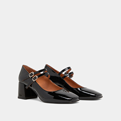 Babies à talons moyens et brides à boucles en vernis plissé noir | ALIENAR | Jonak