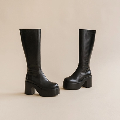 Bottes &agrave; plateformes et bouts ronds en cuir noir | BAG | Jonak