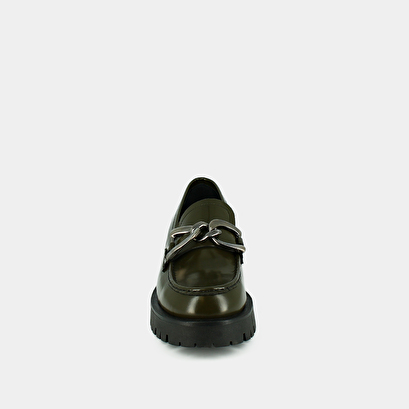 Mocassins à talons plats et mords en cuir glacé kaki | ROSE | Jonak