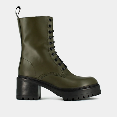 Boots &agrave; plateformes et lacets en cuir glac&eacute; kaki | RUMBA | Jonak