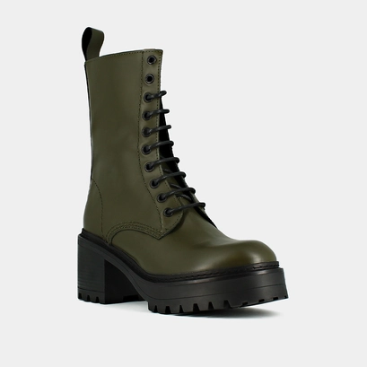 Boots &agrave; plateformes et lacets en cuir glac&eacute; kaki | RUMBA | Jonak