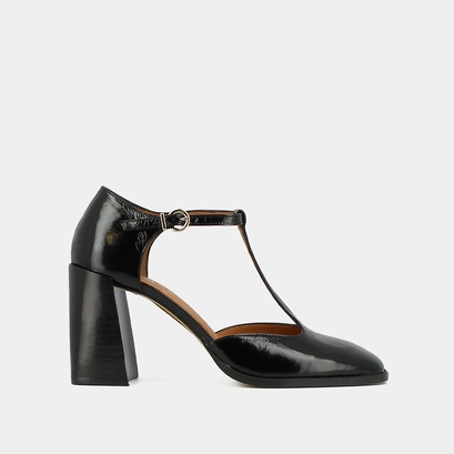 Salomés à talons hauts et bouts carrés a... en cuir brillant noir | VALLON | Jonak