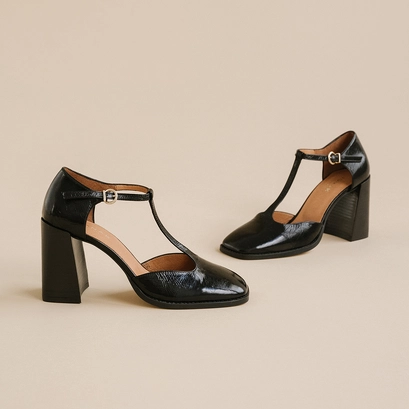 Salomés à talons hauts et bouts carrés a... en cuir brillant noir | VALLON | Jonak