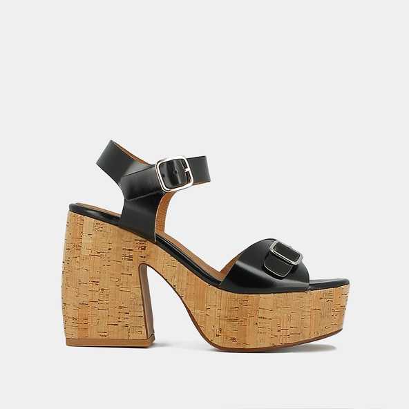 Sandales à boucles et plateformes en cuir glacé noir | MATHILDE | Jonak