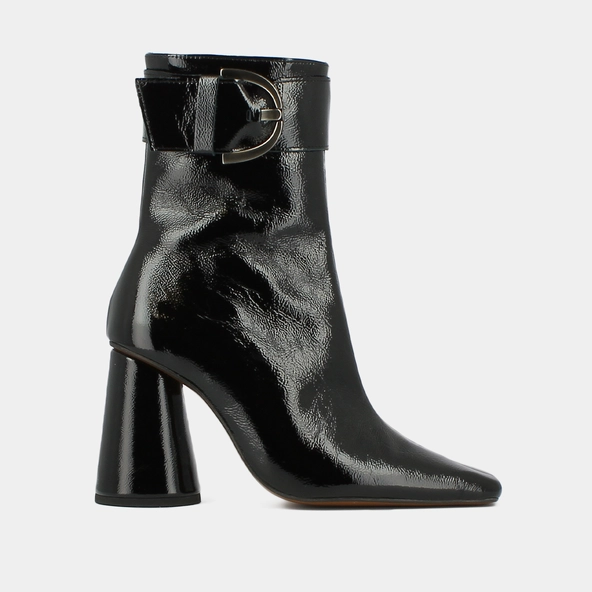 Bottines à talons hauts et boucles en cuir verni plissé noir | BANDOL | Jonak