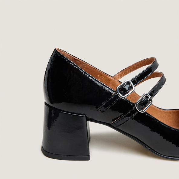 Babies &agrave; talons moyens et brides &agrave; boucles en vernis pliss&eacute; noir | ALIENAR | Jonak