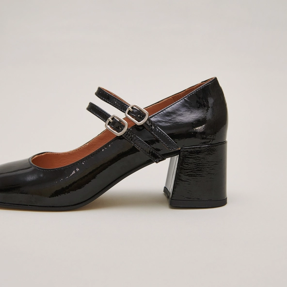 Babies &agrave; talons moyens et brides &agrave; boucles en vernis pliss&eacute; noir | ALIENAR | Jonak