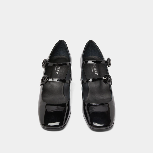 Babies à doubles brides et bouts arrondis en vernis noir | DELOU | Jonak