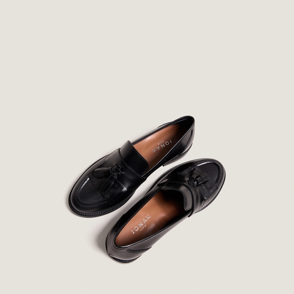 Mocassins à talons plats et pompons en cuir noir | DIE | Jonak