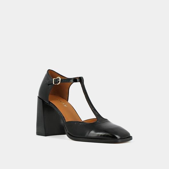 Salom&eacute;s &agrave; talons hauts et bouts carr&eacute;s a... en cuir brillant noir | VALLON | Jonak
