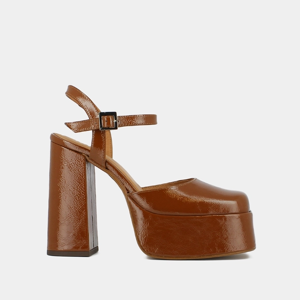 Babies à plateformes et brides en vernis plissé cognac | BACHELIER | Jonak