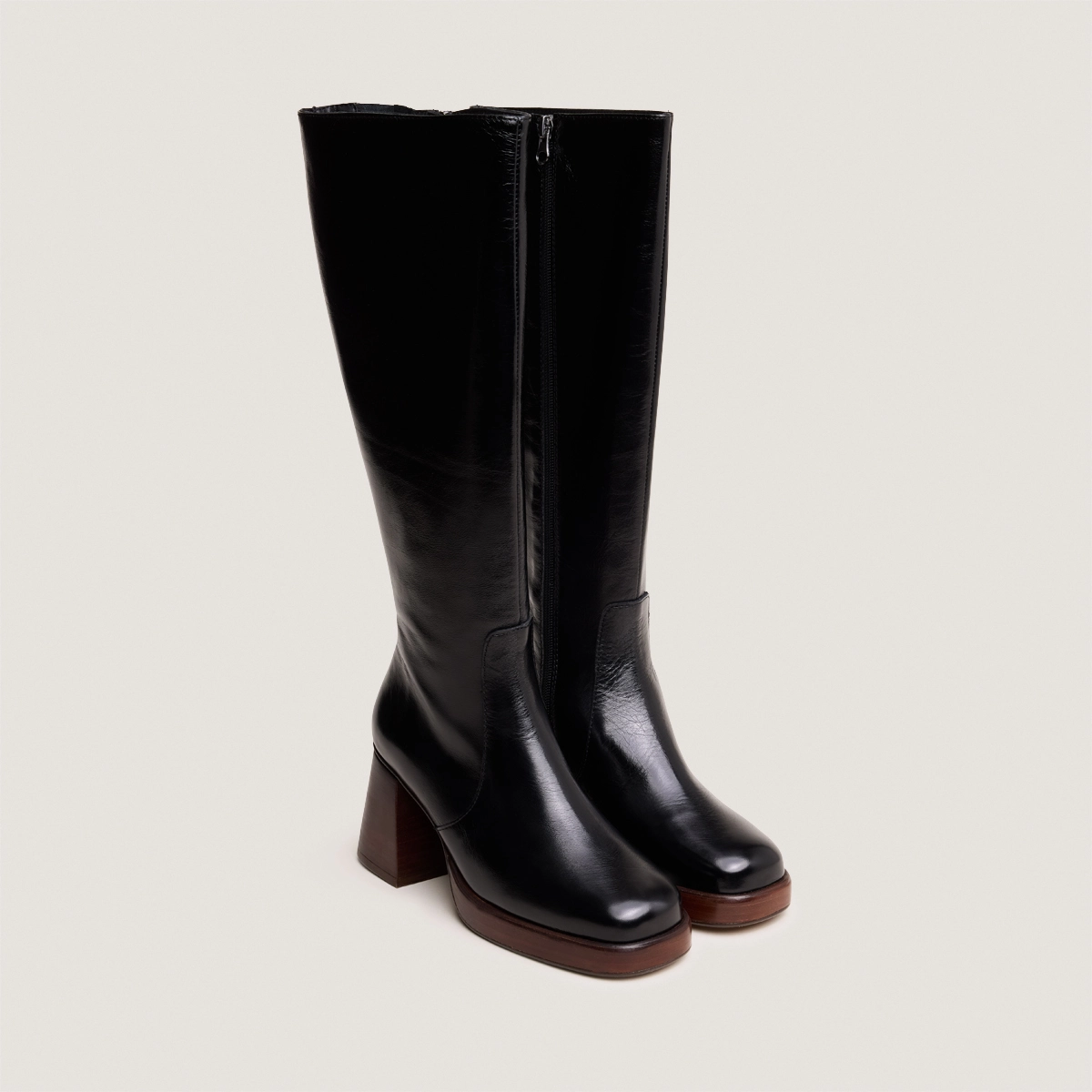 Bottes à plateformes en cuir vieilli noir taille mollet M | BETINA | Jonak