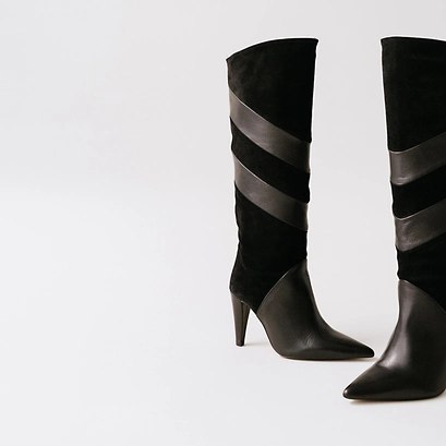 Bottes hautes &agrave; bouts pointus en cuir et croute noir | BIAGGIO | Jonak