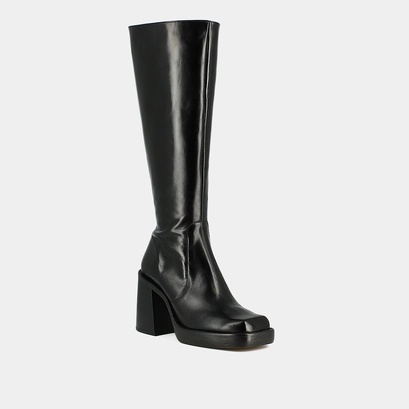 Bottes hautes &agrave; talons &eacute;pais et bouts ca... en cuir noir taille mollet M | BONBON
