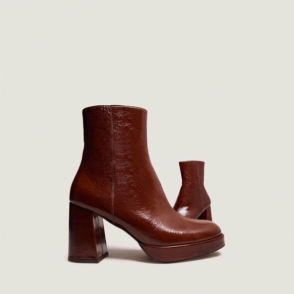Bottines à plateformes et bouts carrés en cuir brillant marron | VORIS | Jonak