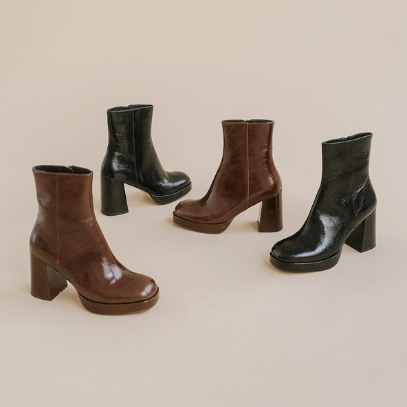 Bottines à plateformes et bouts carrés en cuir brillant marron | VORIS | Jonak