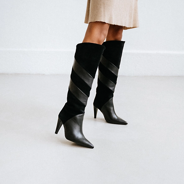 Bottes hautes à bouts pointus en cuir et croute noir | BIAGGIO | Jonak