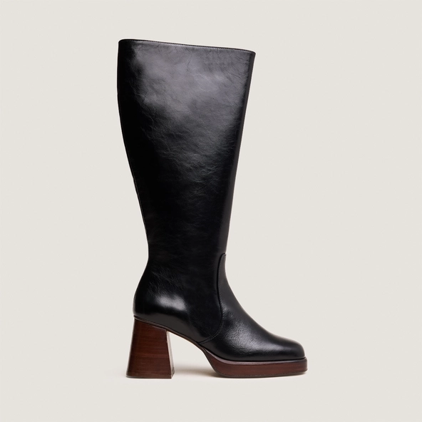 Bottes à plateformes en cuir vieilli noir taille mollet M | BETINA | Jonak