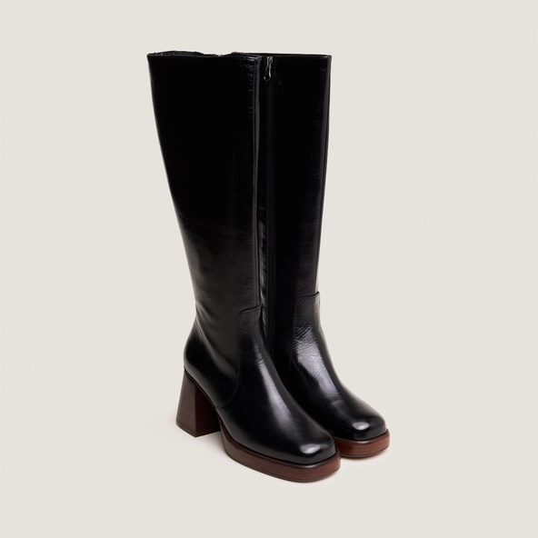 Bottes à plateformes en cuir vieilli noir taille mollet M | BETINA | Jonak