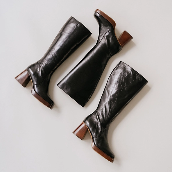 Bottes à plateformes en cuir vieilli noir taille mollet M | BETINA | Jonak