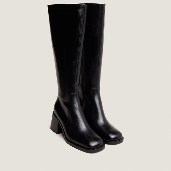 Bottes à talons épais et bouts carrés en cuir noir | DIOU | Jonak