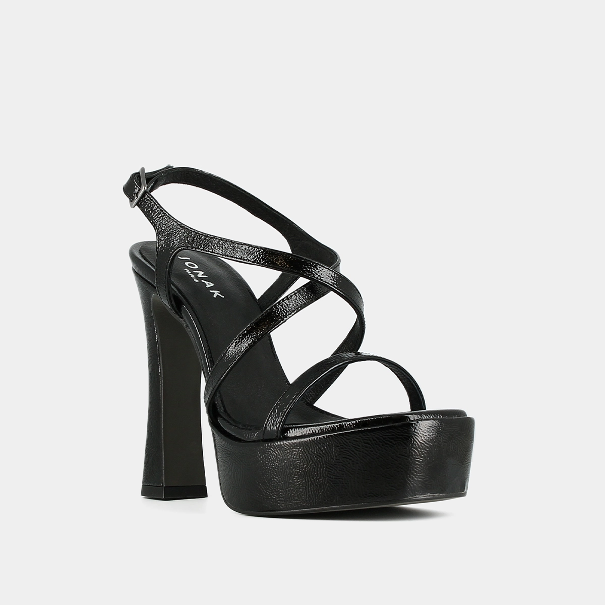 Sandales &agrave; plateformes et brides crois&eacute;es en cuir pliss&eacute; noir | BOECIA | Jonak