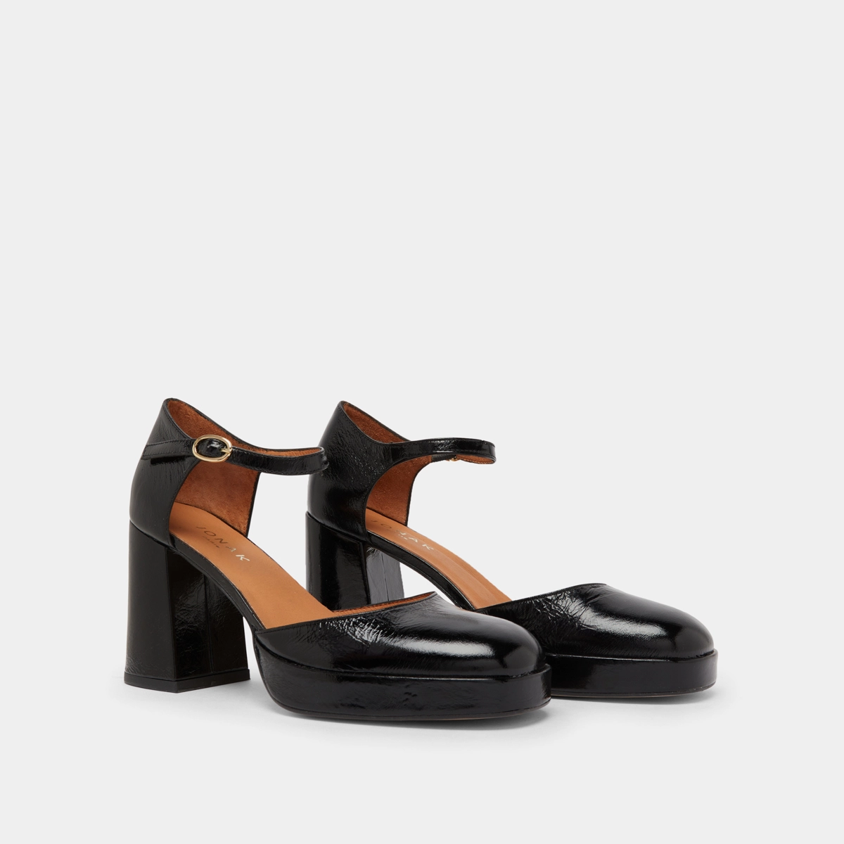 Babies &agrave; talons et bouts carr&eacute;s en cuir brillant noir | VERO | Jonak