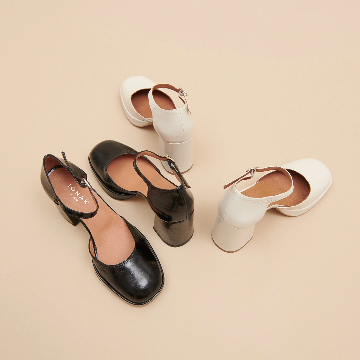 Babies &agrave; talons et bouts carr&eacute;s en cuir brillant noir | VERO | Jonak