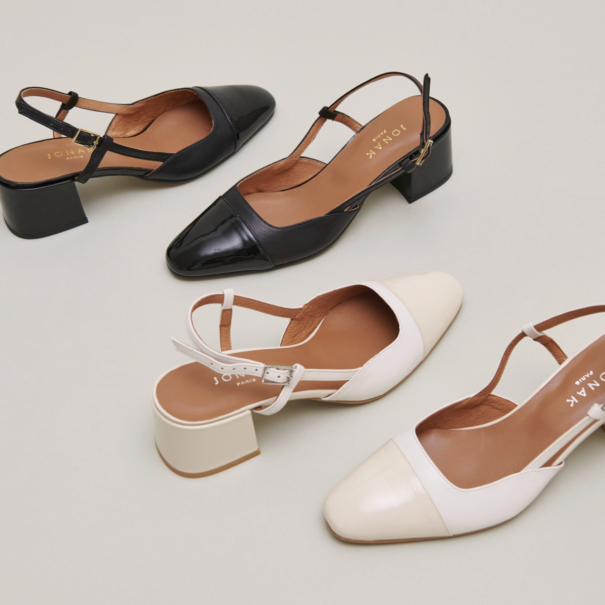 Slingbacks à petits talons en vernis et cuir noirs | DHAPOPY | Jonak