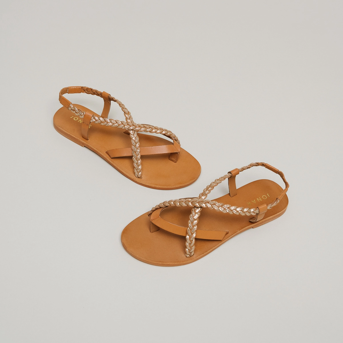Sandales à brides tressées en cuir camel et or | WARREN | Jonak