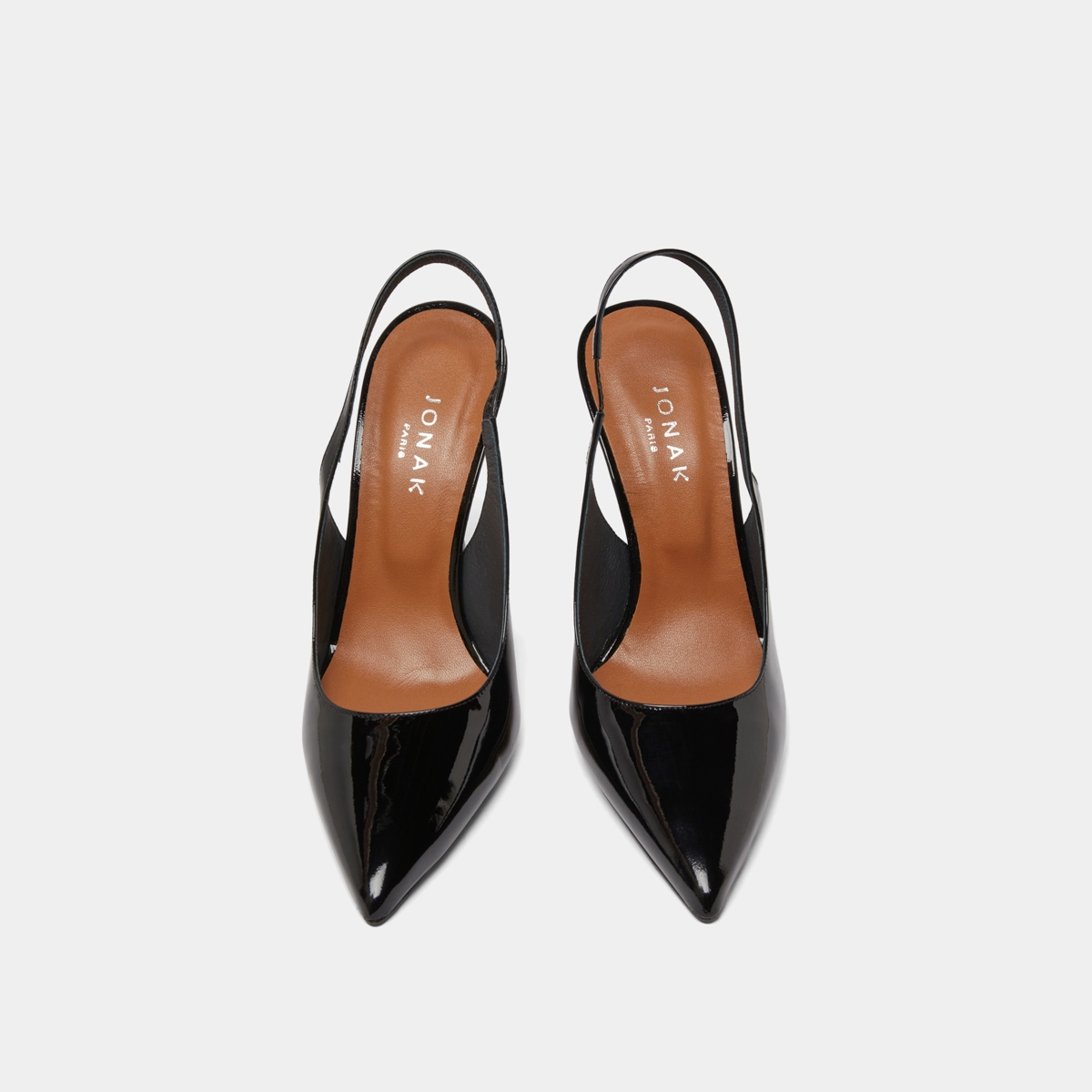 Escarpins slingback &agrave; bouts pointus en vernis noir | DRESSY | Jonak
