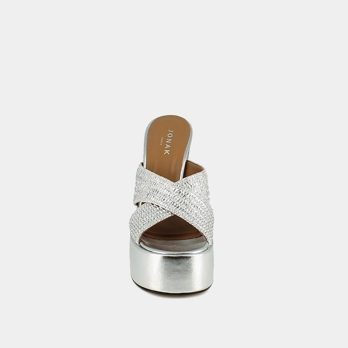 Mules &agrave; brides crois&eacute;es et plateformes en raphia m&eacute;tallis&eacute; argent | JACKIE | Jonak