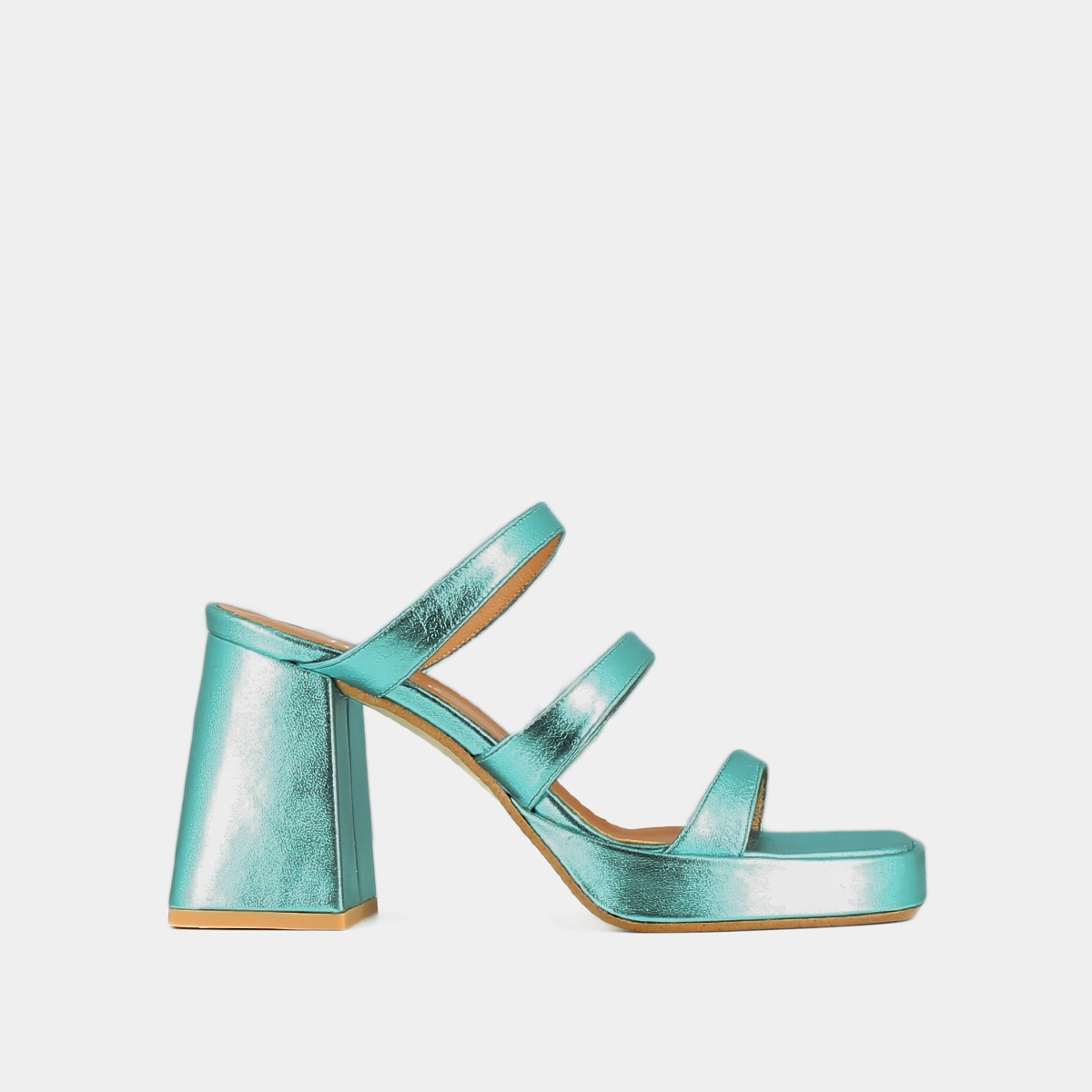 Mules &agrave; brides et bouts carr&eacute;s en cuir metallis&eacute; turquoise | DONZELLE | Jonak