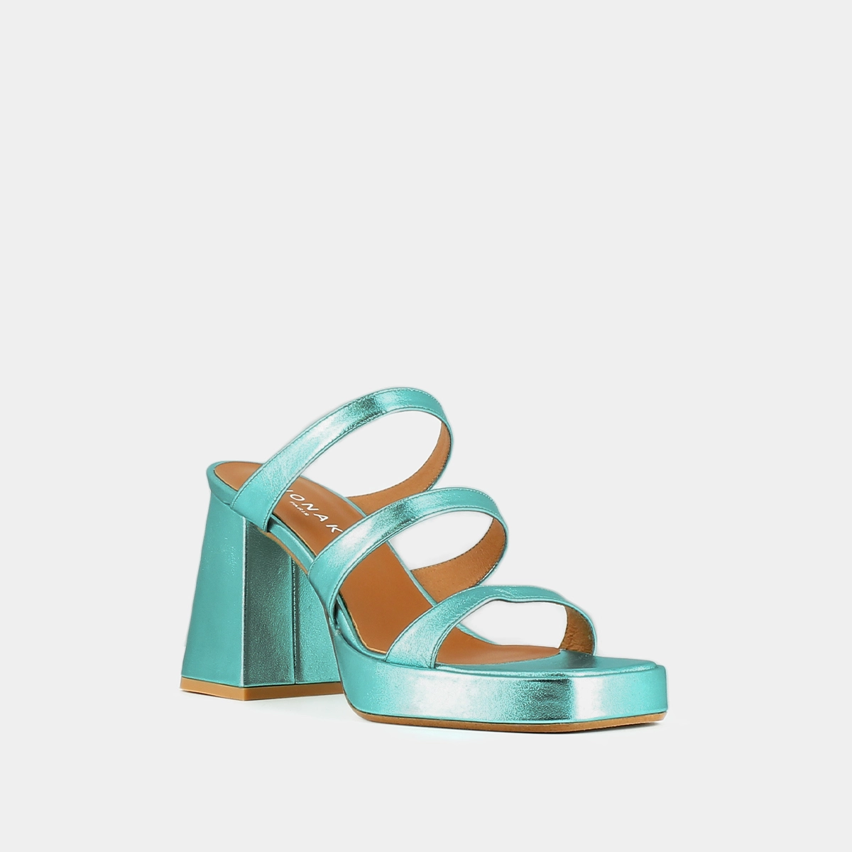 Mules &agrave; brides et bouts carr&eacute;s en cuir metallis&eacute; turquoise | DONZELLE | Jonak