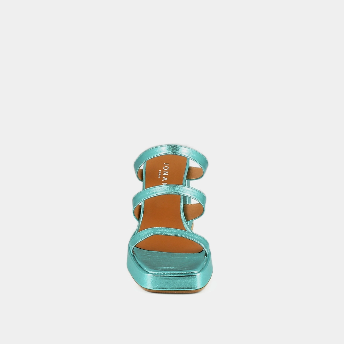 Mules &agrave; brides et bouts carr&eacute;s en cuir metallis&eacute; turquoise | DONZELLE | Jonak