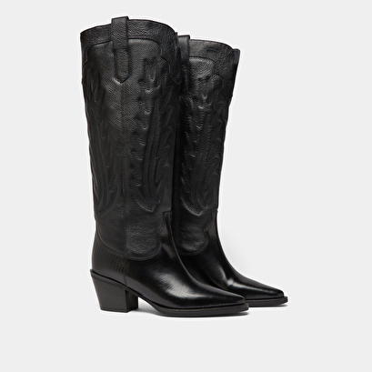 Bottes à talons épais et surpiqures apparentes en cuir grainé noir | DILO | Jonak