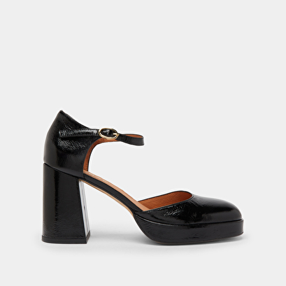 Babies à talons et bouts carrés en cuir brillant noir | VERO | Jonak