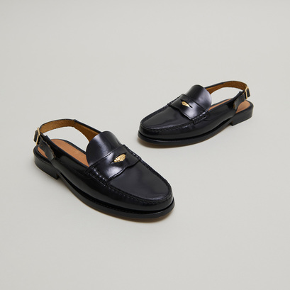 Mocassins slingback et détails dorés en cuir glacé noir | OCEANE | Jonak