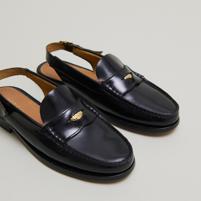 Mocassins slingback et détails dorés en cuir glacé noir | OCEANE | Jonak
