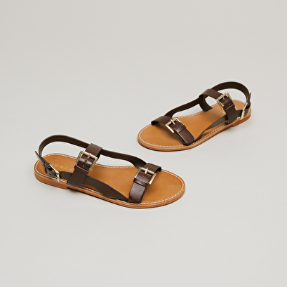 Sandales à boucles dorées en cuir marron foncé | WILING | Jonak