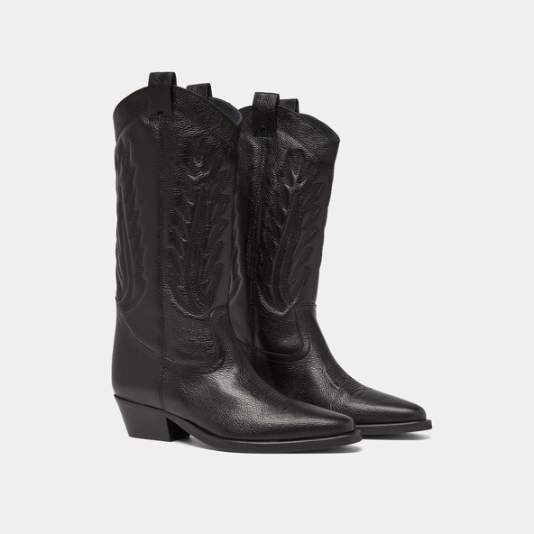 Bottes &agrave; bouts pointus et surpiqures apparentes en cuir grain&eacute; noir | DELEA | Jonak